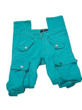 TULONES Currency Collections Men's Cargo Pants Turquoise Cotton Stretch Size 28